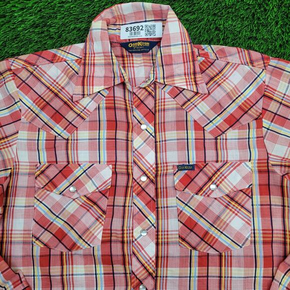 Vintage 80s Osh-Kosh Cowboy Plaid Shirt M/L 21x29 Pearl-Snap - Picture 10 of 12